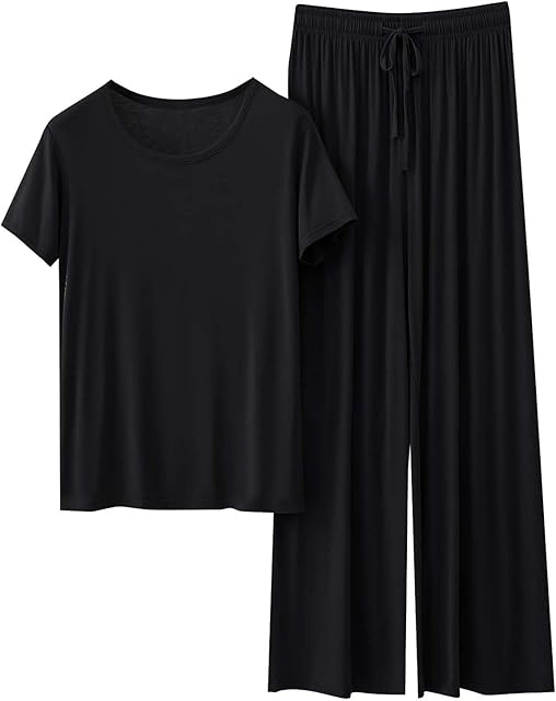Womens Modal Pajama Sets Short Sleeve Crew Neck Top with Wide Leg Pants 2 Piece Pjs Sets Summer Sleepwear Lounge Set