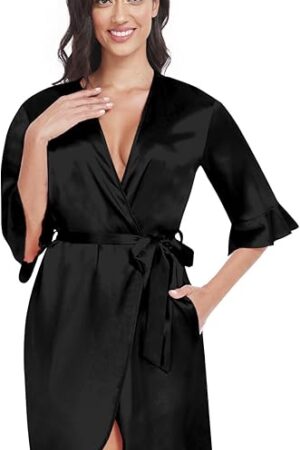 Women's Satin Robe Short Ruffle Robes for Women Kimono Bathrobe Bride Bridesmaid Sexy Sleepwear with Pockets
