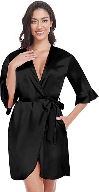 Women's Satin Robe Short Ruffle Robes for Women Kimono Bathrobe Bride Bridesmaid Sexy Sleepwear with Pockets