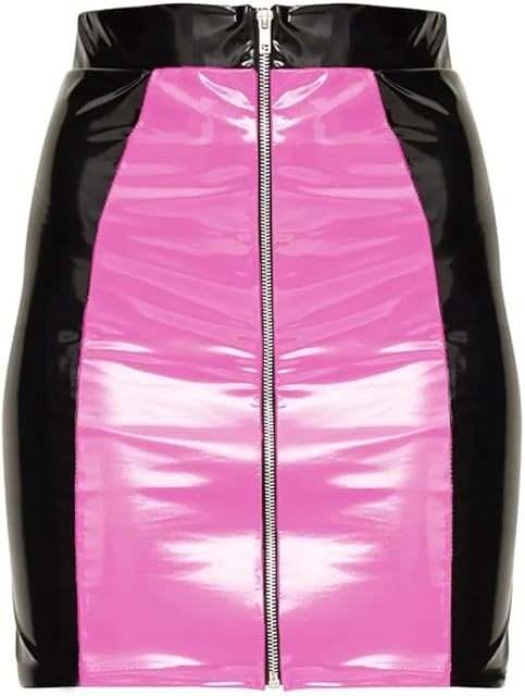 Fashion High Street Mini Skirt Sexy Vinyl PVC Leather Patchwork Short Pencil Skirts Womens High Waist Skirts