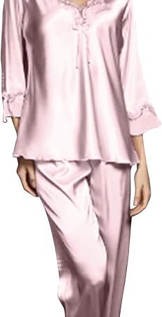Womens Satin Silk Pajama Set 3/4 Length Sleeve Shirt with Long Pajama Pant Suit Soft Comfy Sleepwear Loose Loungewear