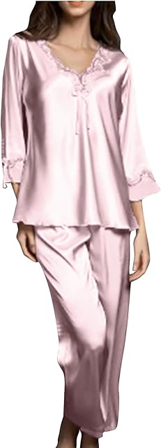 Womens Satin Silk Pajama Set 3/4 Length Sleeve Shirt with Long Pajama Pant Suit Soft Comfy Sleepwear Loose Loungewear