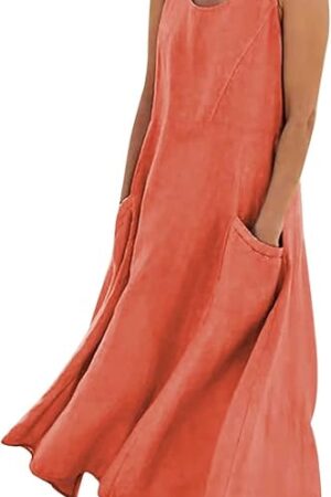 Cotton Dresses for Women Casual Summer 2024 Solid Beach Flowy Tshirt Sundress Sleeveless Tank Long Dress with Pockets