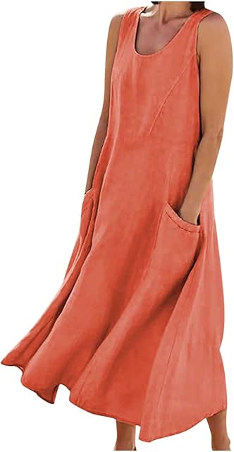 Cotton Dresses for Women Casual Summer 2024 Solid Beach Flowy Tshirt Sundress Sleeveless Tank Long Dress with Pockets