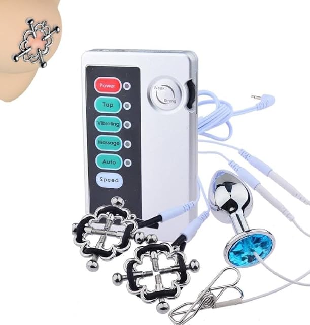 Electric Shock Nipple Clamps and Jeweled Anal Plug Sex Toys Set Women Adjustable Current Level, Breast Clips for Pleasure SM G Spot Anal Beads Adult Sex Games for Female?White Set?