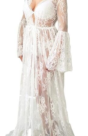 Womens Sexy Long Lace Dress Sheer Gown See Through Lingerie Kimono Robe