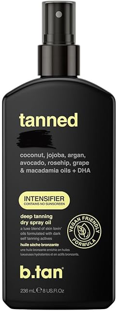 btan Best Tanning Oil | Get Tanned Intensifier Dry Spray - Fast, Dark Outdoor Sun Tan From Tan Accelerating Actives, Packed with Moisturizing Oils, No SPF, Austrailian Brand, 8 Fl Oz