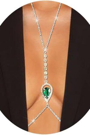 Bling Rhinestone Green Pendant Chest Body Chain Crystal Harness Bra Chain Necklace Sexy Bikini Lingerie Body Chain Festival Rave Wasit Body Jewelry for Women (Green)
