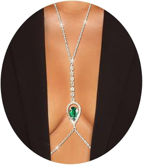 Bling Rhinestone Green Pendant Chest Body Chain Crystal Harness Bra Chain Necklace Sexy Bikini Lingerie Body Chain Festival Rave Wasit Body Jewelry for Women (Green)