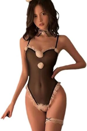 Women's Sexy Bunny Roleplay Lingerie Perspective Mesh Plush Rabbit Set One Piece Bodysuit for Costume Cosplay Party