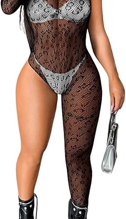 Womens One Shoulder Fishnet Bodysuit, Sexy Leopard Lace Jumpsuit Rave Club, Body Stockings Exotic Wear Dancer Outfits