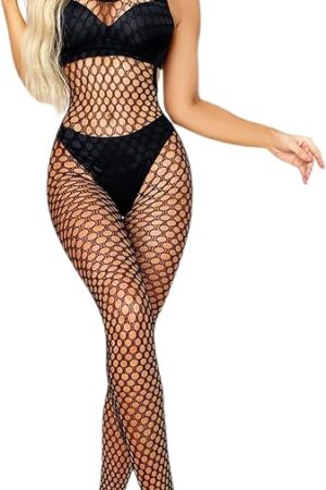 Women's Fishnet Lingerie, Sexy Fishnet Bodystockings, One Piece Mesh Babydoll Bodysuit with Stockings