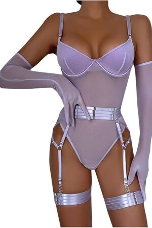 Women's Sexy Lingerie 3 Pieces Sets Exotic Mesh Sheer Adjustable Strap Bodysuit Garter Belt Teddy Babydoll with Gloves