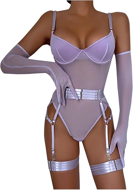 Women's Sexy Lingerie 3 Pieces Sets Exotic Mesh Sheer Adjustable Strap Bodysuit Garter Belt Teddy Babydoll with Gloves