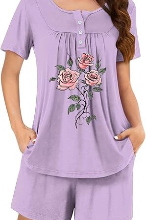 2 Piece Women's Short Sleeve Pajama Sets Sleepwear Button Collar Short Sleeve Tops Shorts Ladies Pjs Sets with Pocket