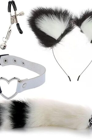 Anal Sex Toys Fox Tail Butt Plug Sexy Plush Cat Ear Headband with Leather Necklace Set Massage Sex Toys Women Couples Cosplay(Black White)