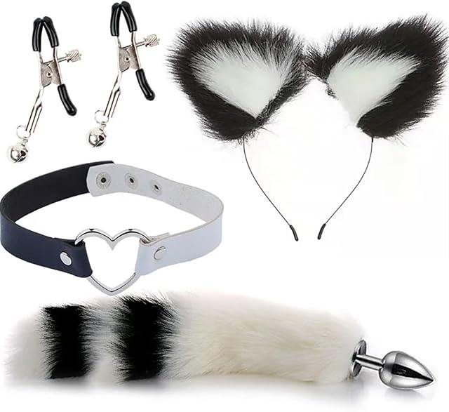 Anal Sex Toys Fox Tail Butt Plug Sexy Plush Cat Ear Headband with Leather Necklace Set Massage Sex Toys Women Couples Cosplay(Black White)