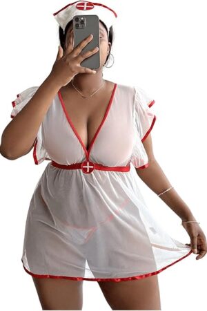 Women's Plus Size 3 Piece Nurse Roleplay Lingerie Set Mesh Sheer Naughty Cosplay Costume