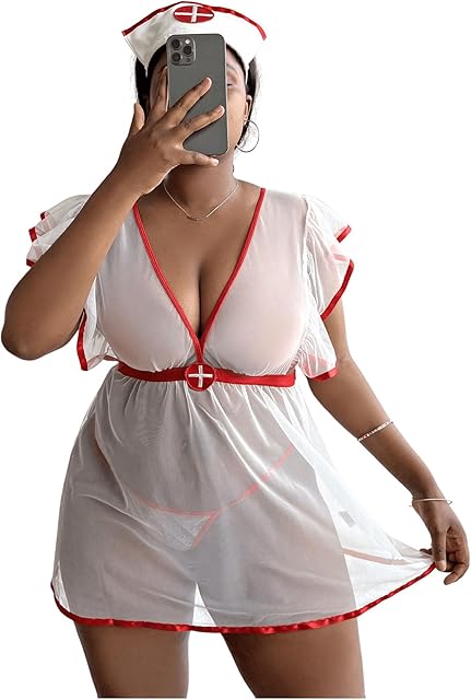 Women's Plus Size 3 Piece Nurse Roleplay Lingerie Set Mesh Sheer Naughty Cosplay Costume