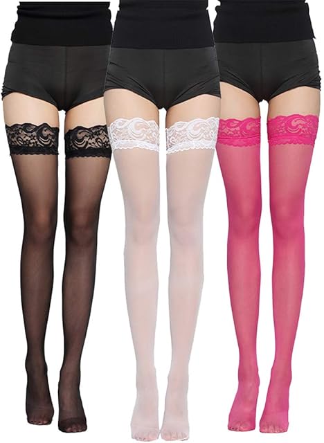 3 Pairs Women Lace Top Thigh High Stockings Sexy Thigh Highs Pack for Girls