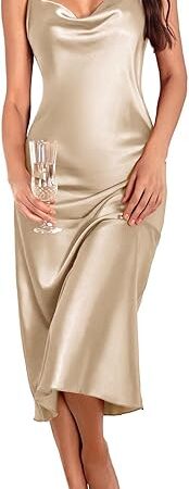 Womens Satin Nightgown Sexy Lingerie Sleepwear Spaghetti Strap Cowl Neck Elegant Long Slip Satin Silk Midi Dress