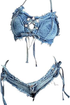 Women's Denim Bikini Set Bra Panties Cosplay Lingerie Jeans Shorts for Beach Play and Bar Nightclub Performance