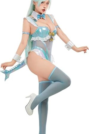 Anime Derivative Cosplay Costume for Women Blue Shiny Leather Bodysuit Translucent Lingerie with Headpiece