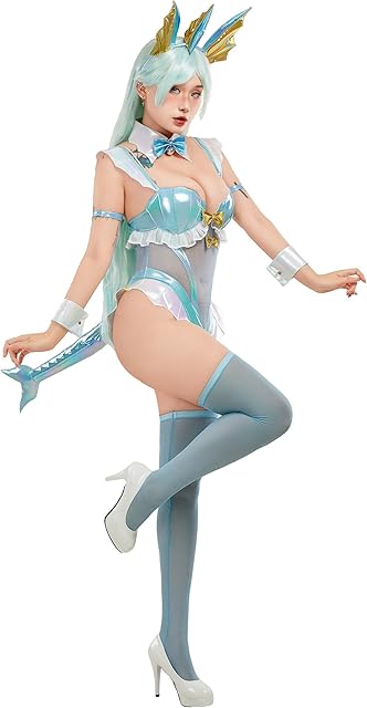 Anime Derivative Cosplay Costume for Women Blue Shiny Leather Bodysuit Translucent Lingerie with Headpiece