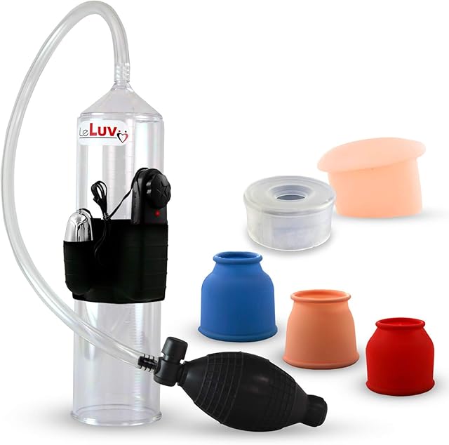 Bundle of 6 Items: Vibrating Handop Ball Grip Vacuum Pump with Red, Blue, Flesh, Clear and Realistic Vagina Donut