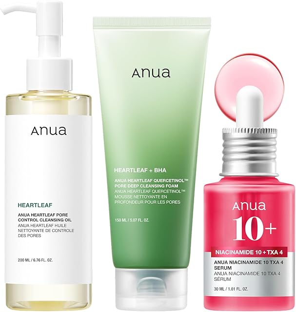 Anua 3-Step Glass Skin Beginner Set, Double Cleansing with Facial Serum, Oil Cleanser & Face Wash with Heartleaf, Daily Routine with Niacinamide, Korean Skincare Set