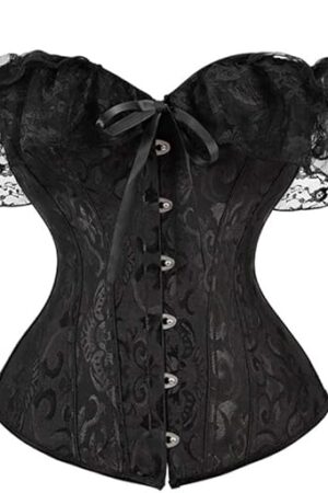 Women Corset Top with Lace Sleeve Lace Up Sexy Bustier Lingerie Waist Trainer Costume Tops