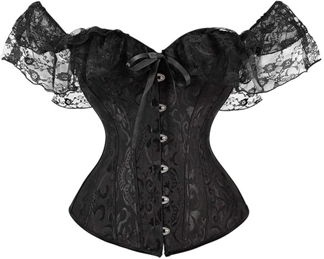 Women Corset Top with Lace Sleeve Lace Up Sexy Bustier Lingerie Waist Trainer Costume Tops