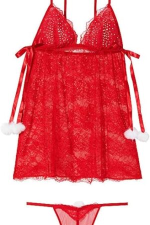 Flyaway Lace Babydoll Set Fluffy Pom Poms Color Red New