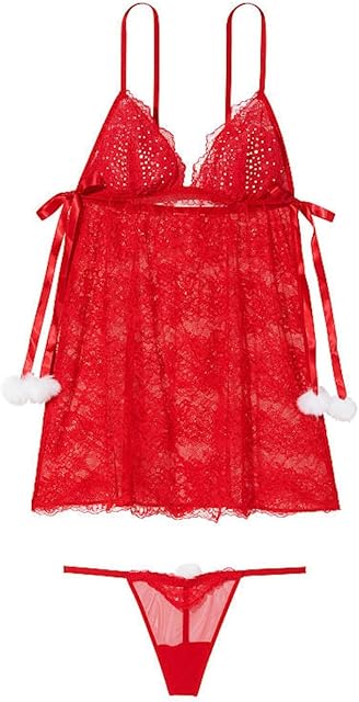 Flyaway Lace Babydoll Set Fluffy Pom Poms Color Red New