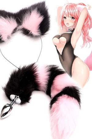Fox Anal Plug Set Faux Fur Cat Wolf Tail Anal Plug Tail Choker Nipple Clamps Anal Butt Plug Set Adults Plush Tail Cosplay Costume for Women Sex Pleasure Black Pink Butt Plug Tail