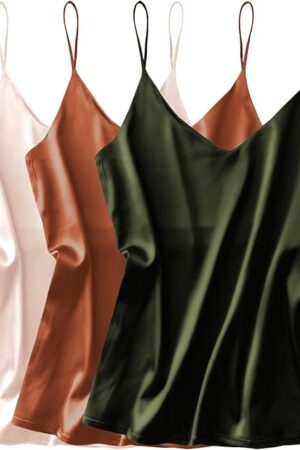 3 Pack: Womens Silk Satin Tank Top V Neck Camisole Cami Spaghetti Strap Top Loose Sleeveless Blouses Tank Shirt