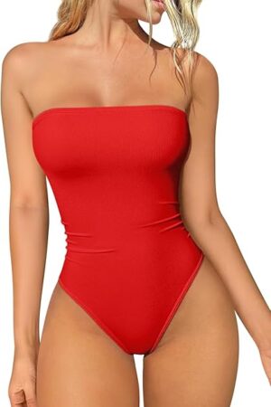 Womens Tube Bodysuits Strapless Basic Sleeveless Ruched Stretch Classic-Fit Tops Sexy Bodysuits