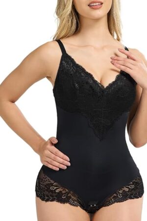 Black Lace Bodysuit Deep V Neck Sleeveless Body Shaper for Womens Tummy Control Body Suits
