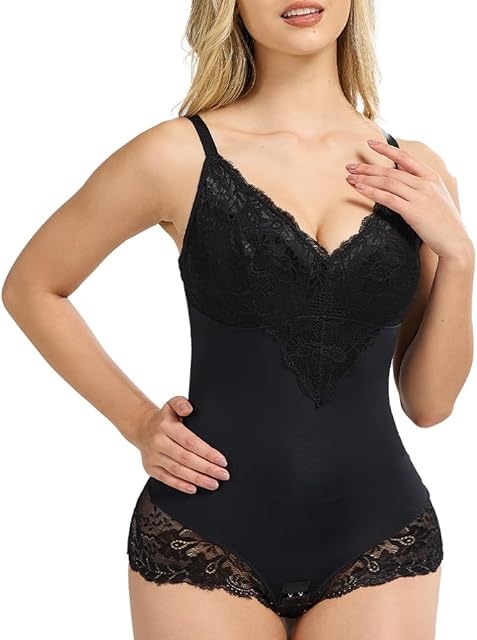 Black Lace Bodysuit Deep V Neck Sleeveless Body Shaper for Womens Tummy Control Body Suits
