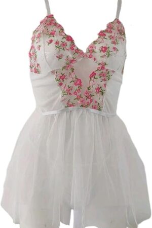 Women's Lingerie Set Sexy Lingerie Set with Flower Embroidered Sheer Double Skirt Transparent V-Neck Nightdress