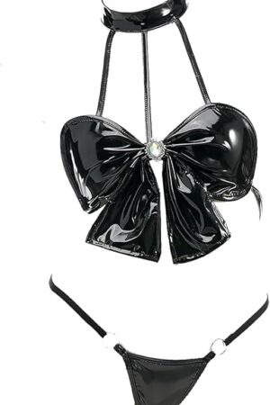 Womens Leather Anime Cosplay Costumes Babydoll Lingerie Hollow Out Punk Dress Uniform Sexy Clubwear Role Play (Black-Bikini)