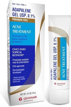 Adapalene Gel 01% Acne Treatment, Paraben Free Topical Retinoid Cream for Face, Helps Clear and Prevent Acne and Clogged Pores, 15g Tube
