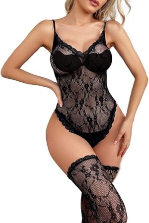 Women's Fishnet Lingerie Sets Sling Bodysuit Lace Teddy Eyelash Top+Lace Fishnet Thigh High Stockings One Size