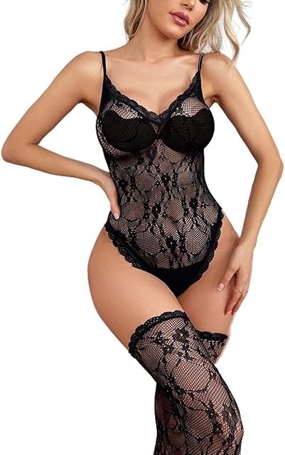 Women's Fishnet Lingerie Sets Sling Bodysuit Lace Teddy Eyelash Top+Lace Fishnet Thigh High Stockings One Size