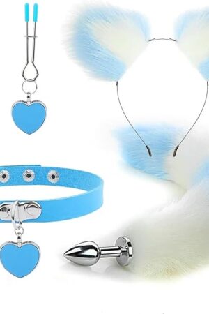 Generic 5PC Anal Sex Toys Fox Tail Butt Plug Sexy Plush Cat Ear Headband with Bells Necklace Set Massage Sex Toys for Women Couples Cosplay(Blue)