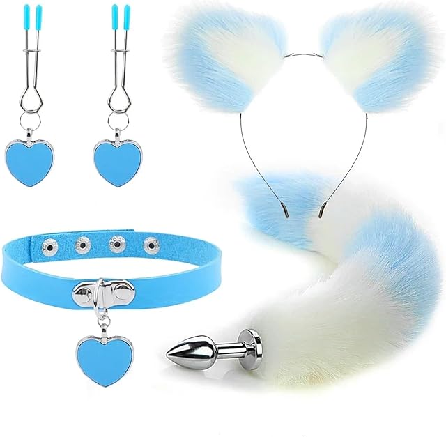Generic 5PC Anal Sex Toys Fox Tail Butt Plug Sexy Plush Cat Ear Headband with Bells Necklace Set Massage Sex Toys for Women Couples Cosplay(Blue)