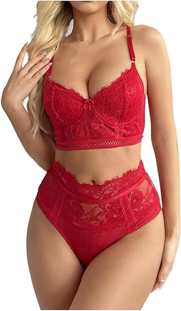 Women Lace Lingerie Sexy Sets 2 Piece Mesh Strap Bra High Waisted Panties Underwear for Sex Naughty