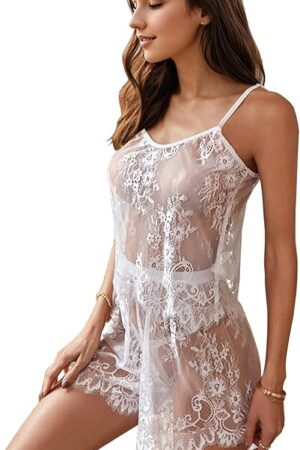 Women's White Sexy Lace Bridal Lingerie Set,Wedding Night Honeymoon Sheer See Through Sleeveless Pajamas Set