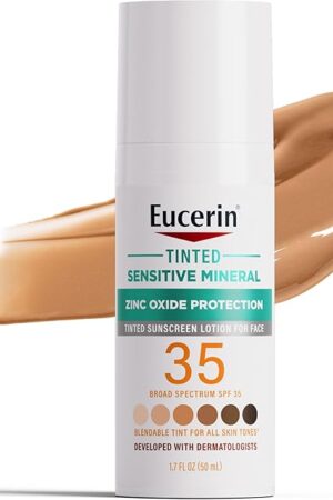 Eucerin Sun Tinted Sensitive Mineral Face Sunscreen Lotion SPF 35, Non-Comedogenic Mineral Sunscreen with Gentle Zinc Oxide Protection for Sensitive Skin, 17 Fl Oz Bottle