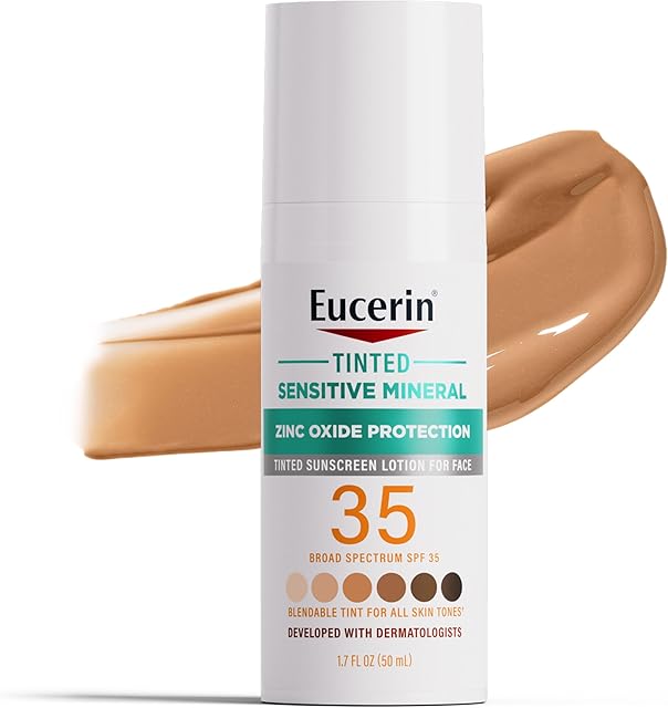 Eucerin Sun Tinted Sensitive Mineral Face Sunscreen Lotion SPF 35, Non-Comedogenic Mineral Sunscreen with Gentle Zinc Oxide Protection for Sensitive Skin, 17 Fl Oz Bottle